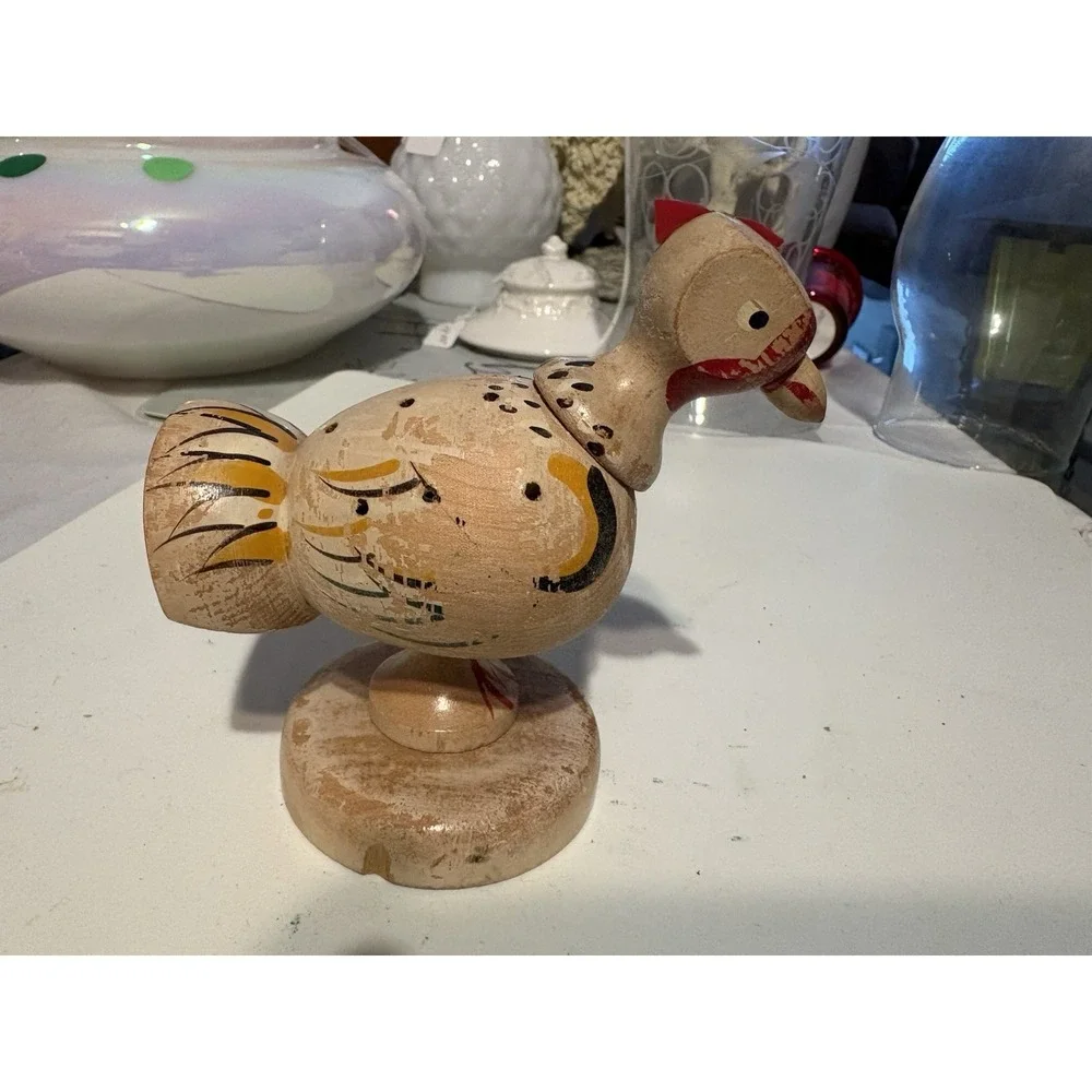 Vintage Hand Painted Wood Chicken Toy Made in Japan Mid Century Folk Art Figurin
